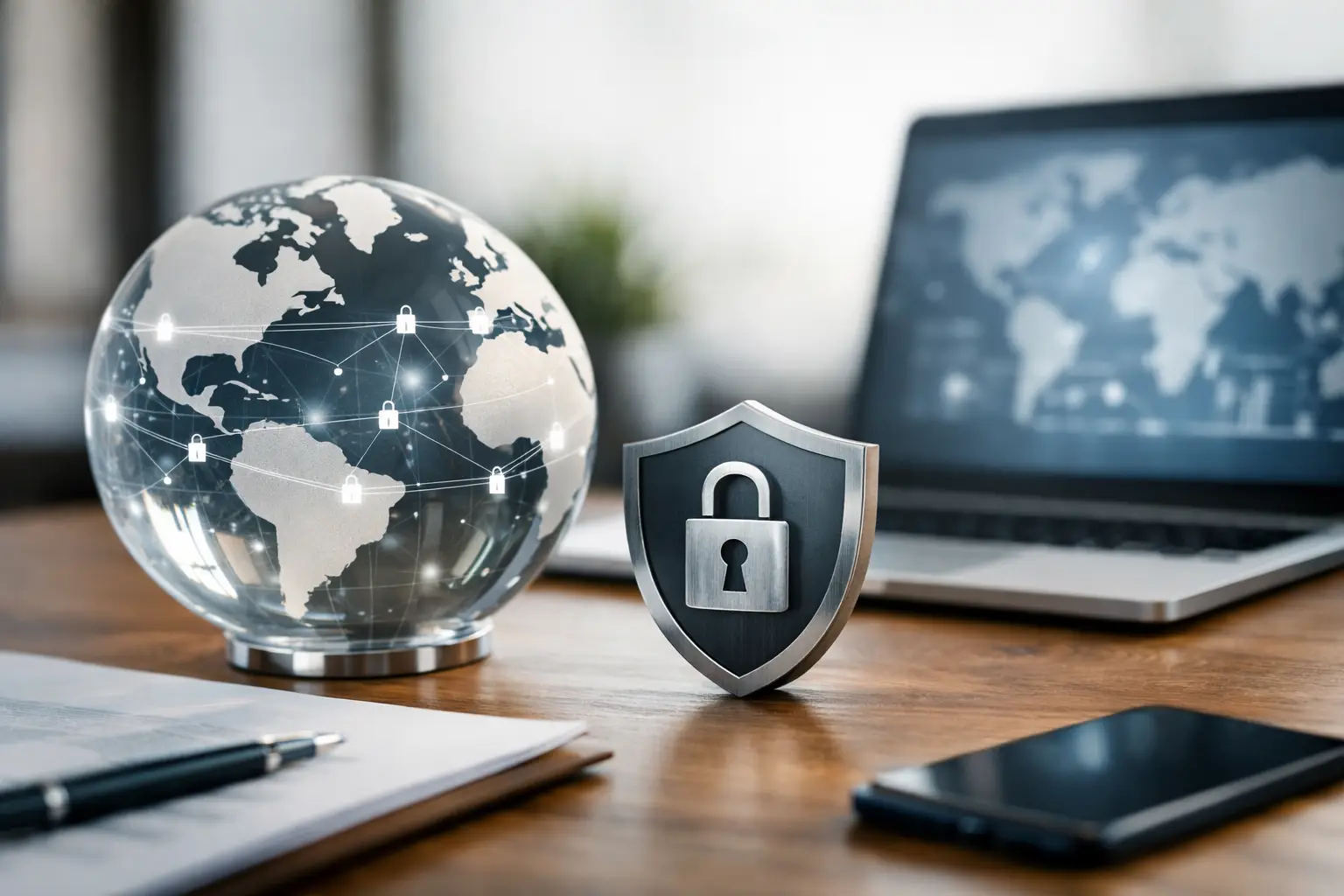 Glass globe with connected padlock icons beside a metal privacy shield and a laptop showing a world map