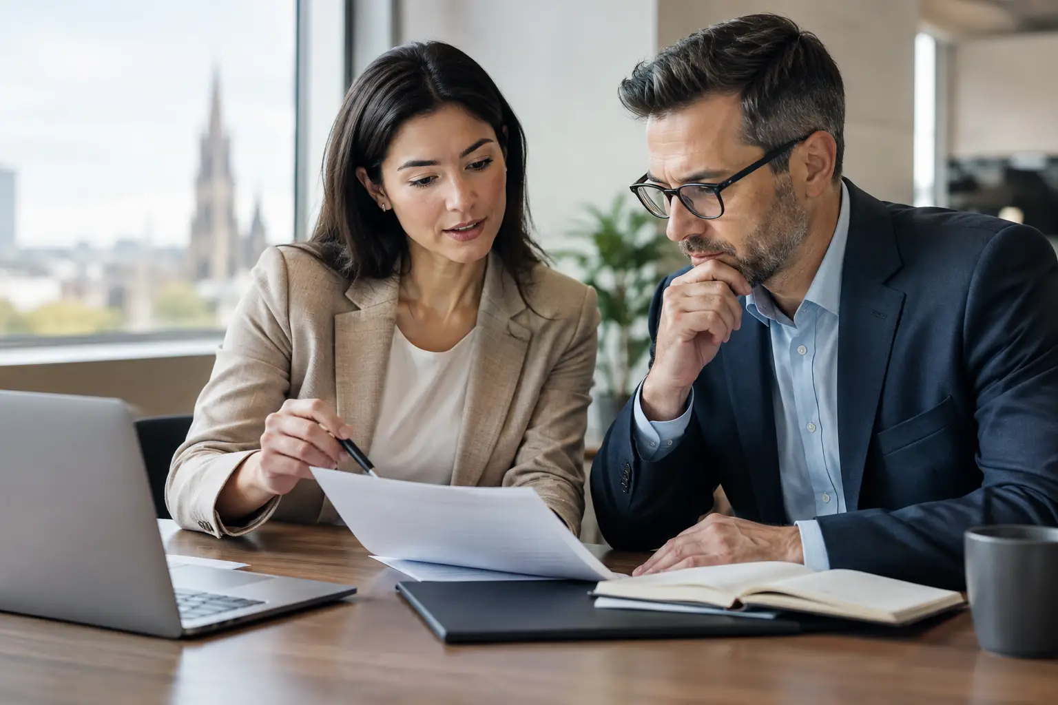 Two professionals reviewing AI decision documentation at an office desk with a laptop and printed records