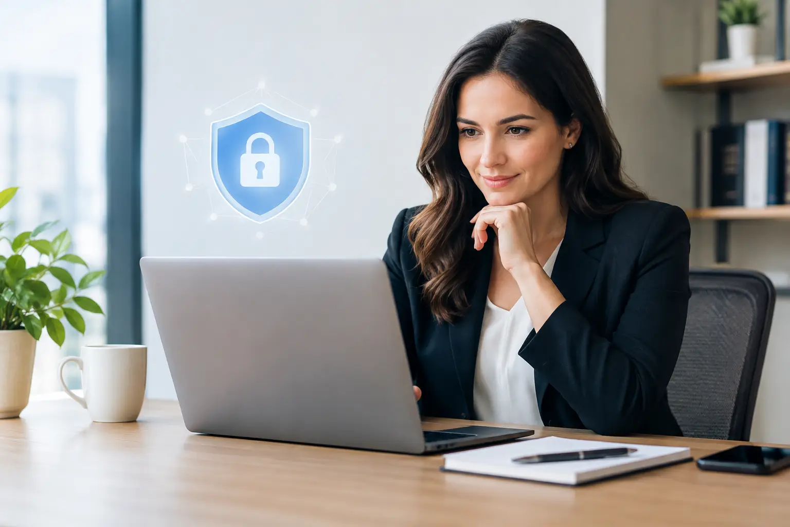 Privacy professional reviewing records of processing activities on a laptop with a digital padlock shield