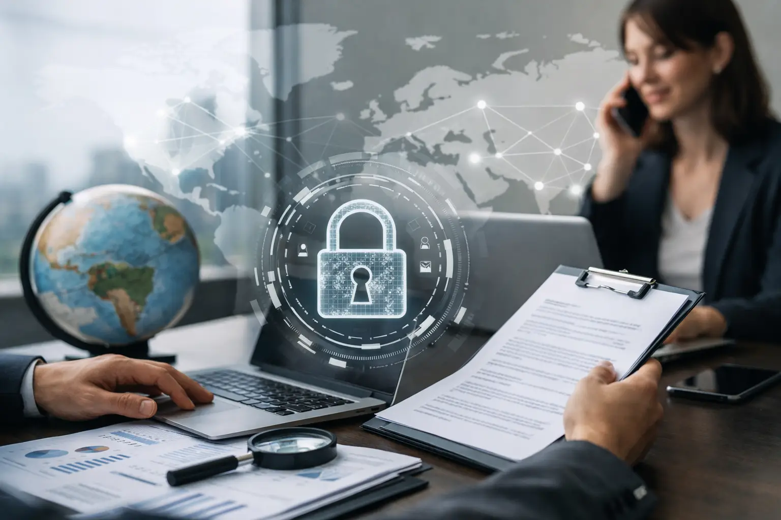 Privacy professionals handling a cross-border DSAR with a globe, world map and padlock graphic