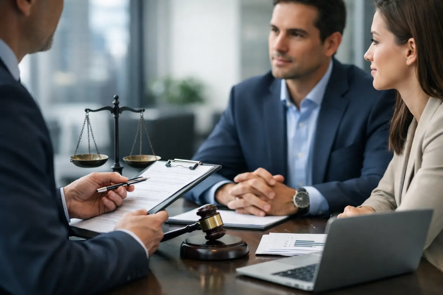 Legal advisers reviewing a regulator enquiry with scales of justice and gavel