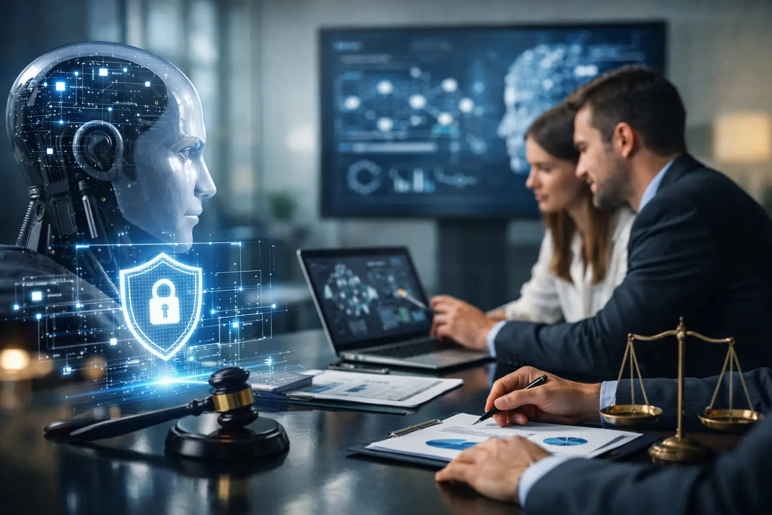 Legal and privacy professionals reviewing AI governance data beside an AI head, gavel and scales of justice