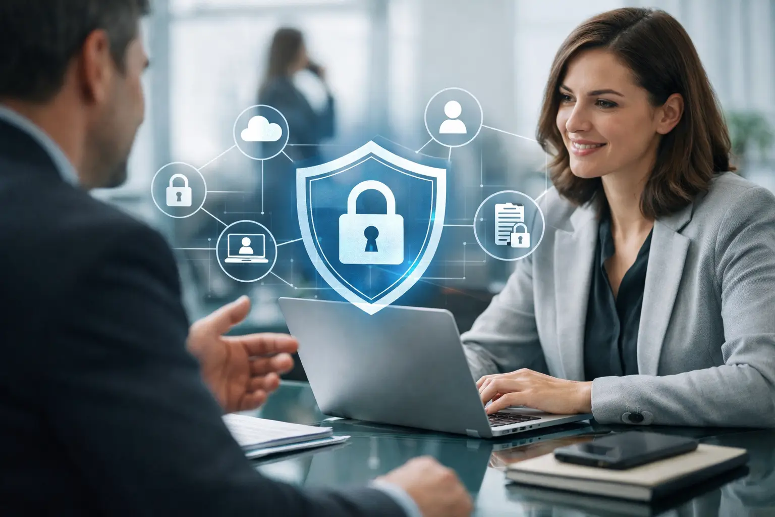 Privacy adviser and client discussing outsourced DPO support with a digital privacy shield