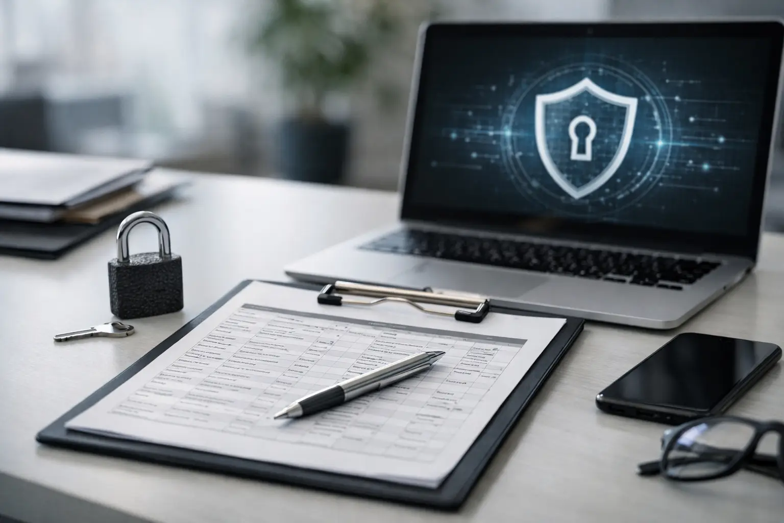 Breach register form on a clipboard beside a padlock and laptop showing a shield