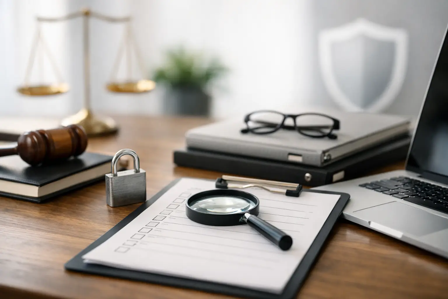Privacy audit desk with clipboard checklist, magnifying glass, padlock, gavel and scales