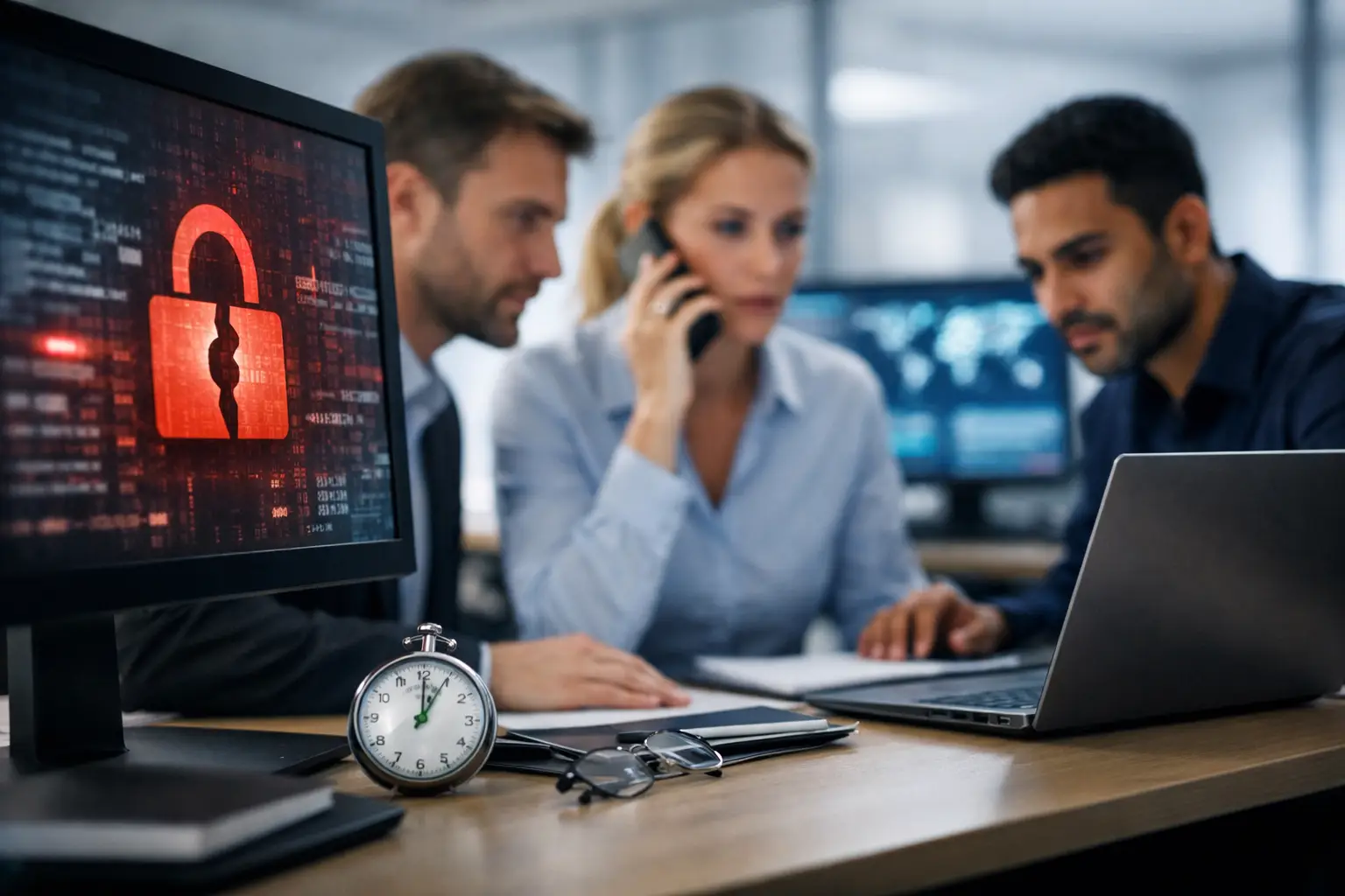 Privacy and security team responding to a data breach alert with a stopwatch on the desk