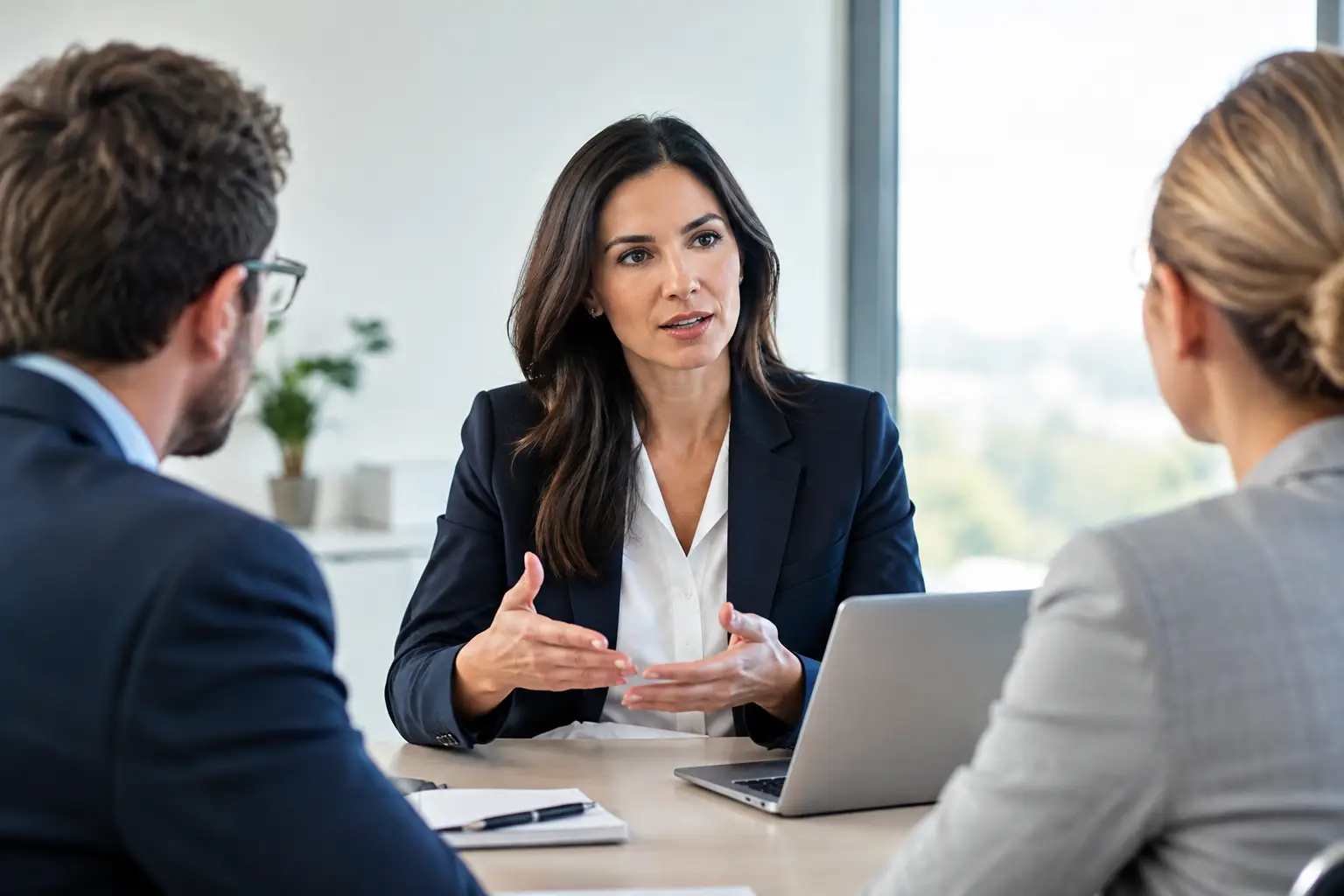 Privacy adviser explaining a regulator response to two colleagues in a meeting room with a laptop and notes