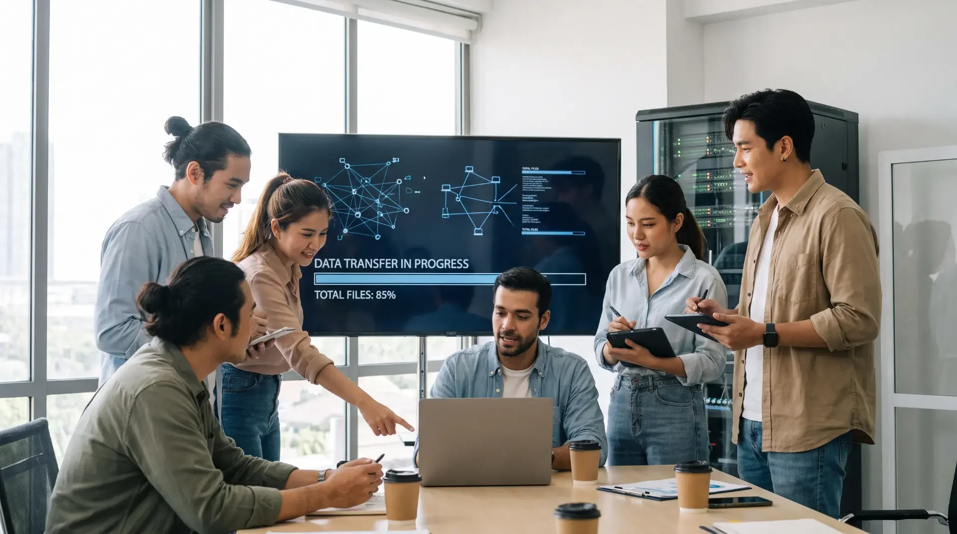 Privacy and IT teams reviewing an international data transfer in progress on a boardroom screen