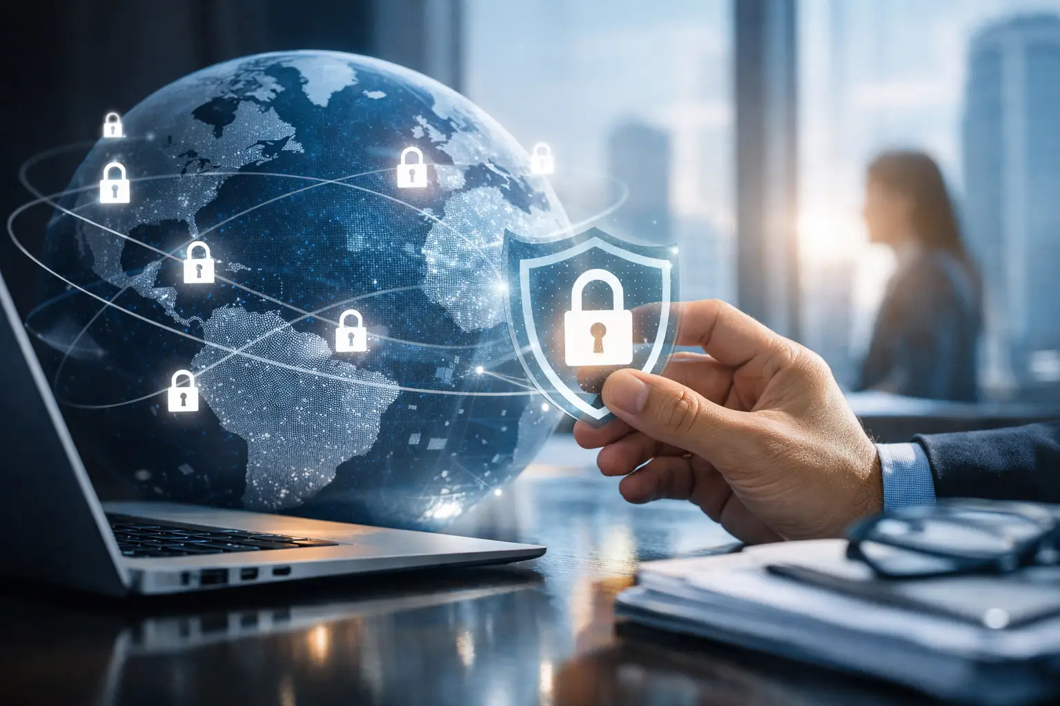 Globe with padlocks and a hand holding a shield symbolising global data privacy compliance