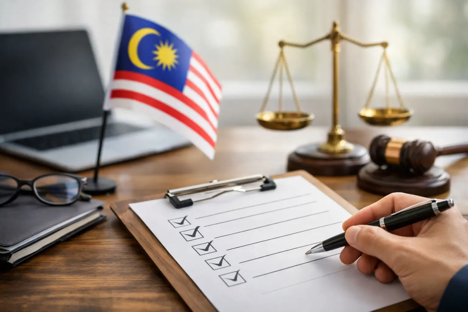 Malaysian flag with a compliance checklist, gavel and scales of justice on a desk