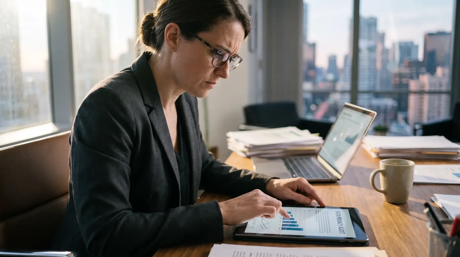 Privacy professional reviewing a data privacy audit dashboard on a tablet in a city office