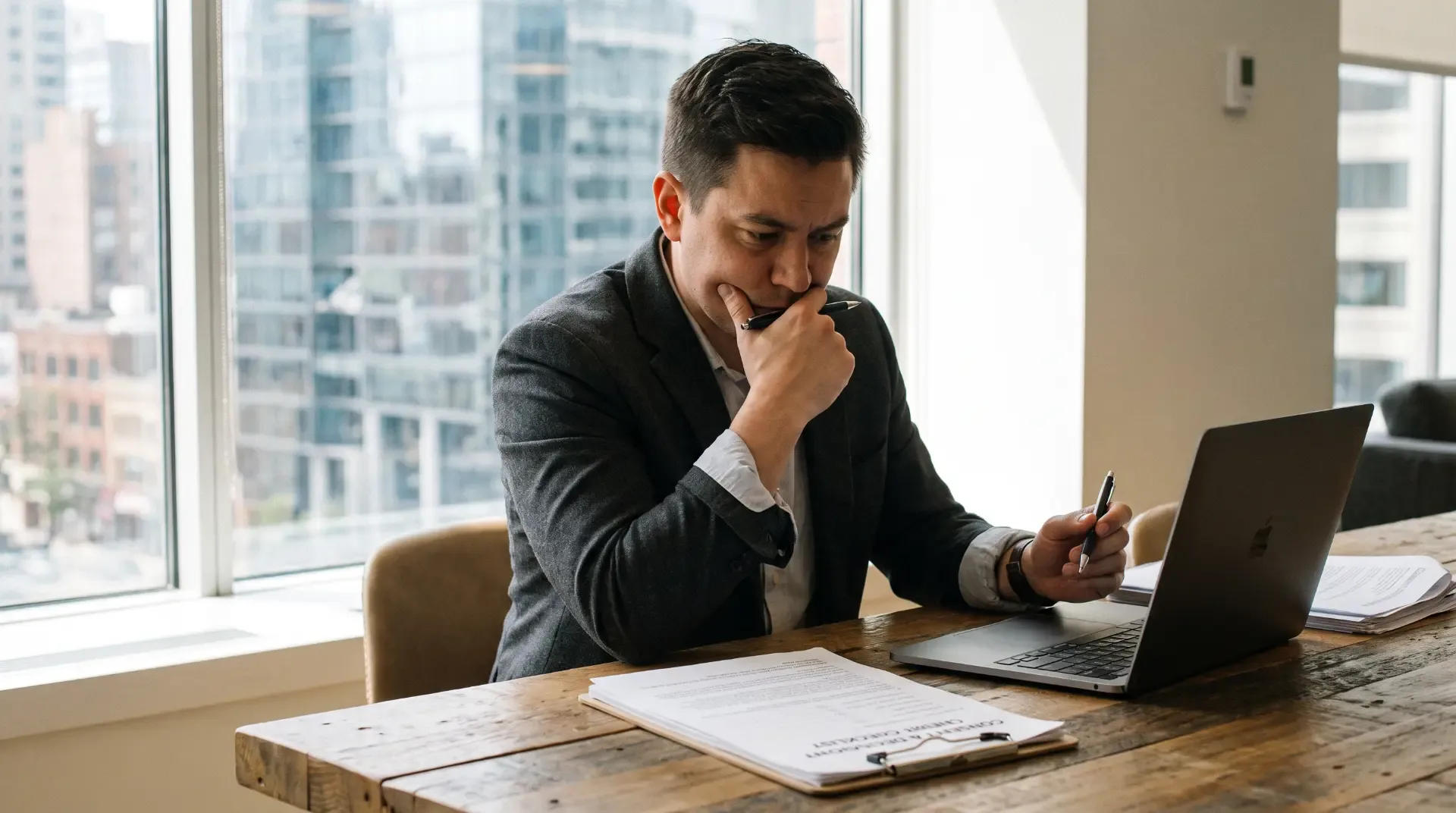 Privacy professional reviewing a consent checklist beside a laptop in a city office