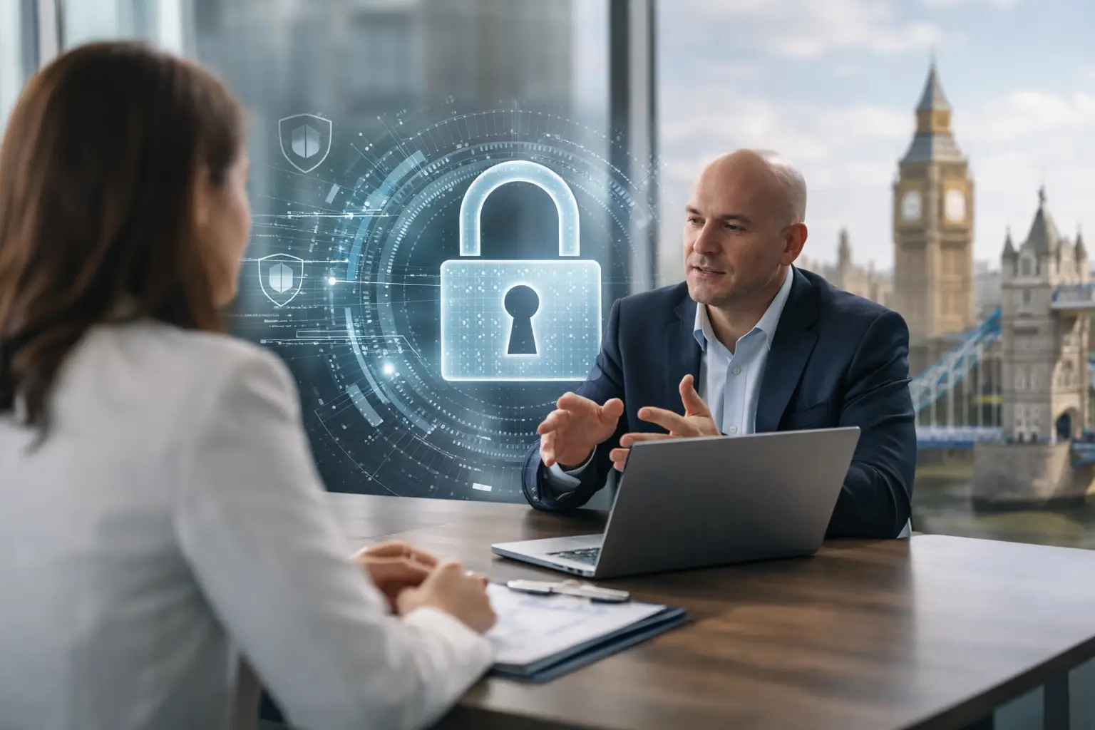 Outsourced DPO advising a UK client on GDPR governance with London skyline in the background