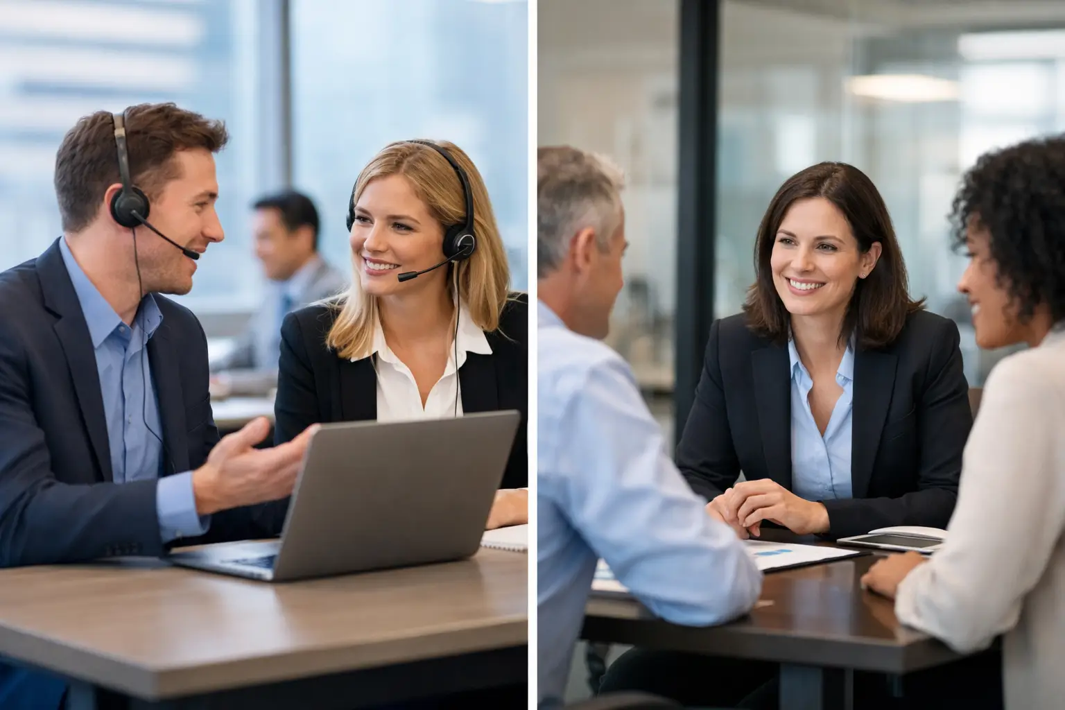 Split image of an outsourced privacy support team on headsets and an internal compliance team in a meeting