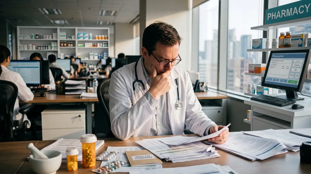 Pharmacist reviewing patient paperwork at a pharmacy desk with prescription systems and medicines