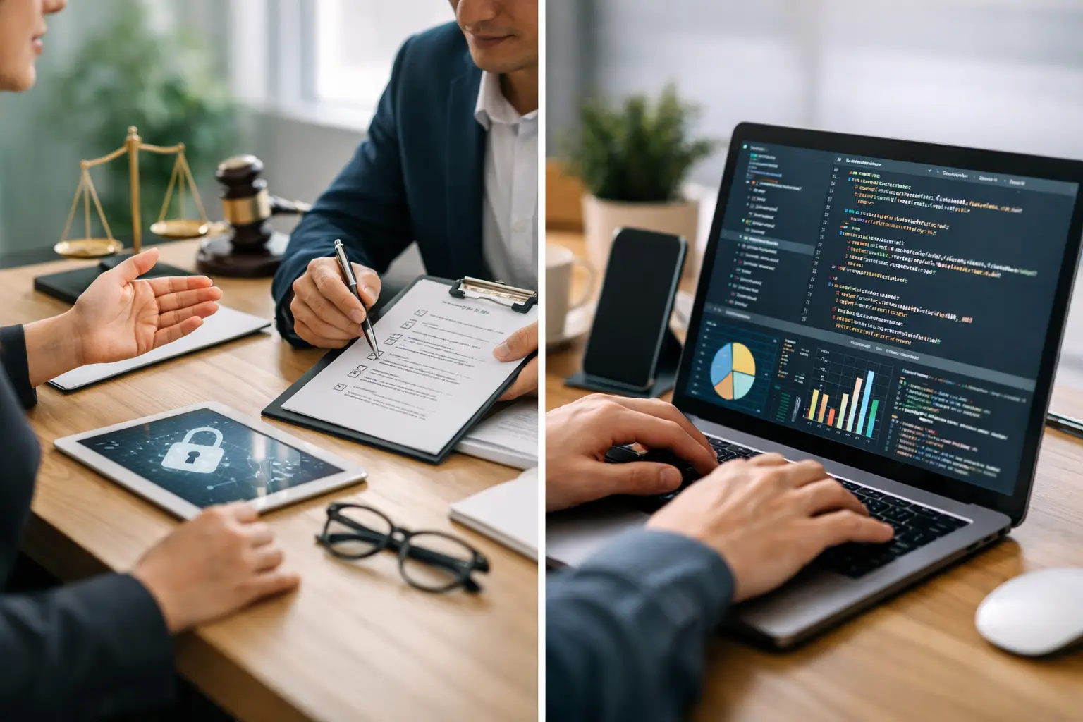 Split image of a privacy consultant advising a client and a laptop showing a privacy platform dashboard