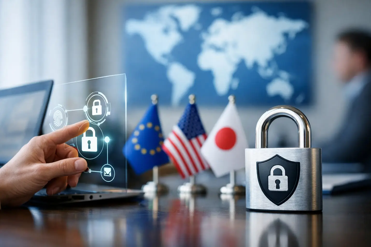 Hand interacting with digital privacy icons in front of EU, US and Japan flags, representing international privacy controls