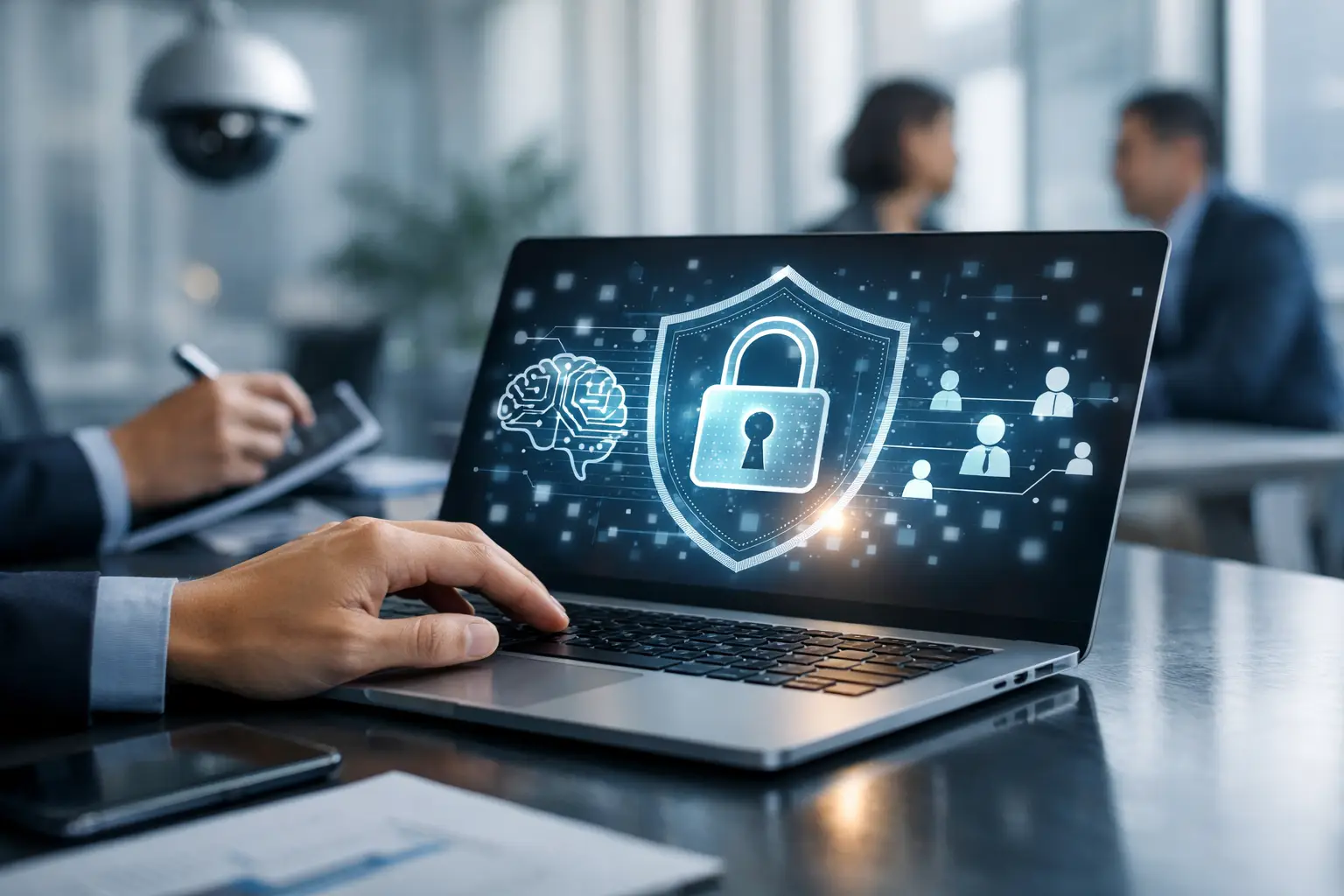 Laptop showing a privacy shield and padlock with AI and data-flow icons in an office