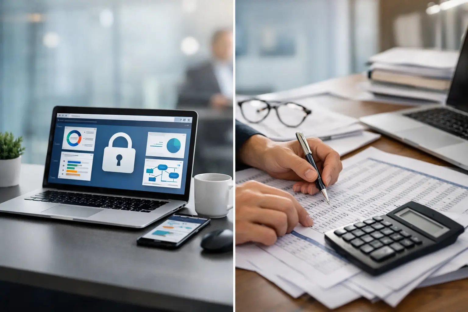 Split scene of a privacy platform dashboard on a laptop beside printed spreadsheets and a calculator