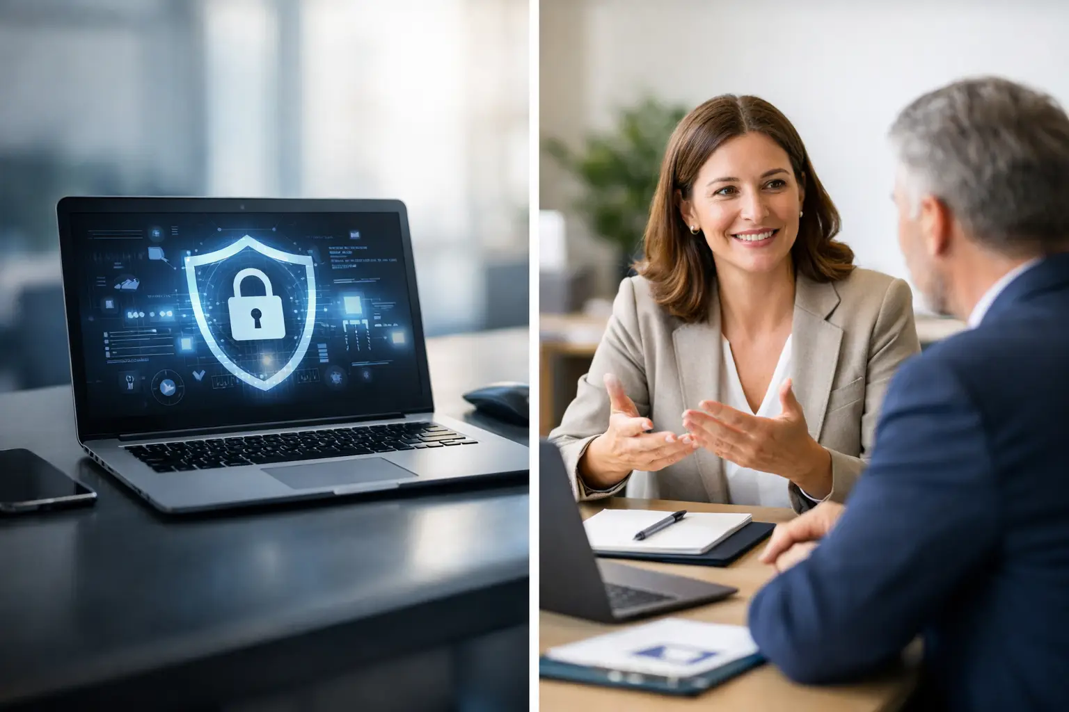 Laptop showing a privacy platform dashboard next to a consultant advising a client