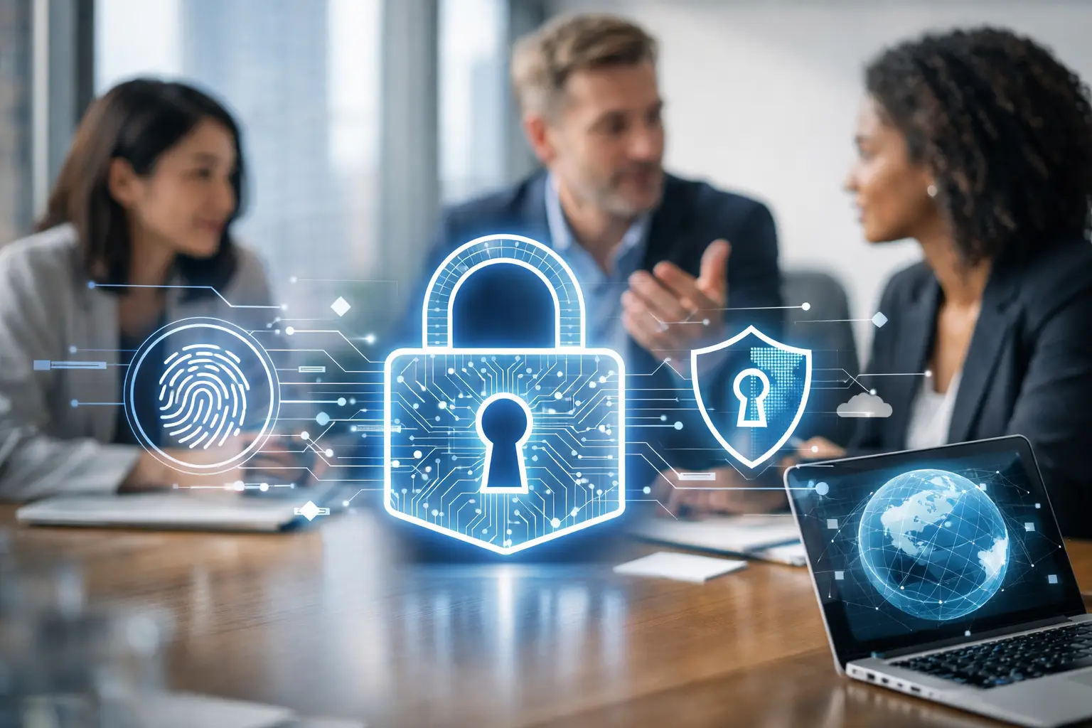 Privacy and AI governance discussion with a digital padlock, fingerprint and shield icons