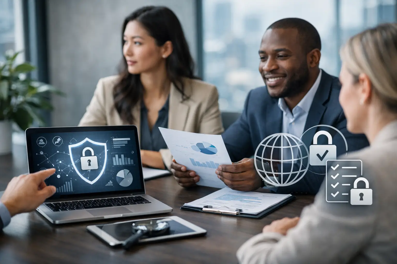 Global privacy team reviewing vendor audit findings with a security dashboard and padlock icons