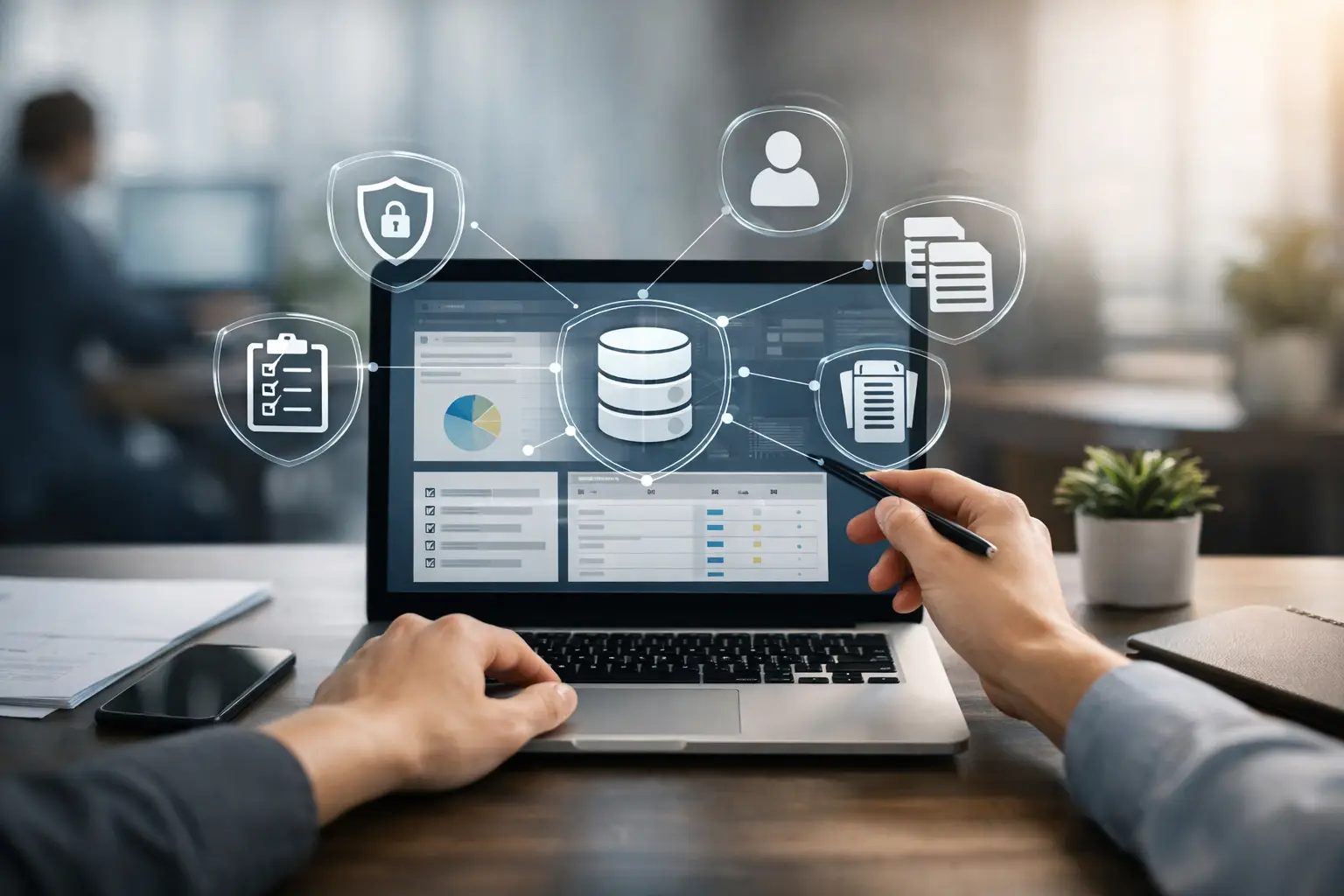 Privacy professional reviewing record of processing activities software dashboard with shield, database and document icons