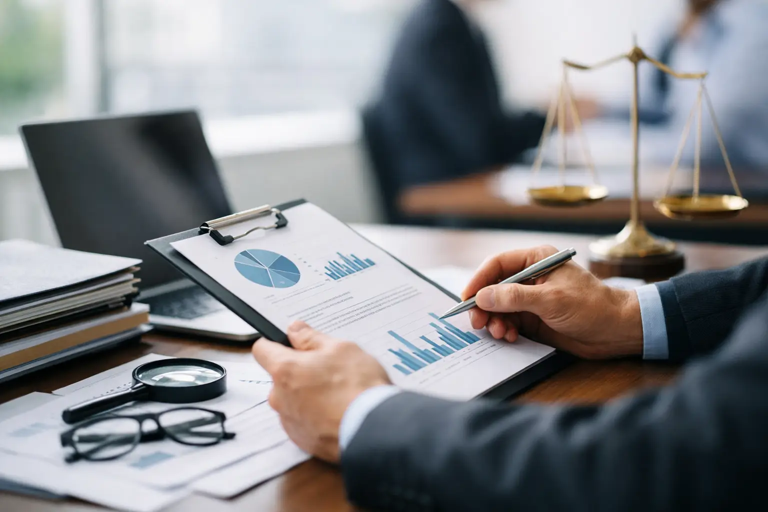 Legal adviser reviewing regulator enquiry documents on a clipboard beside scales of justice