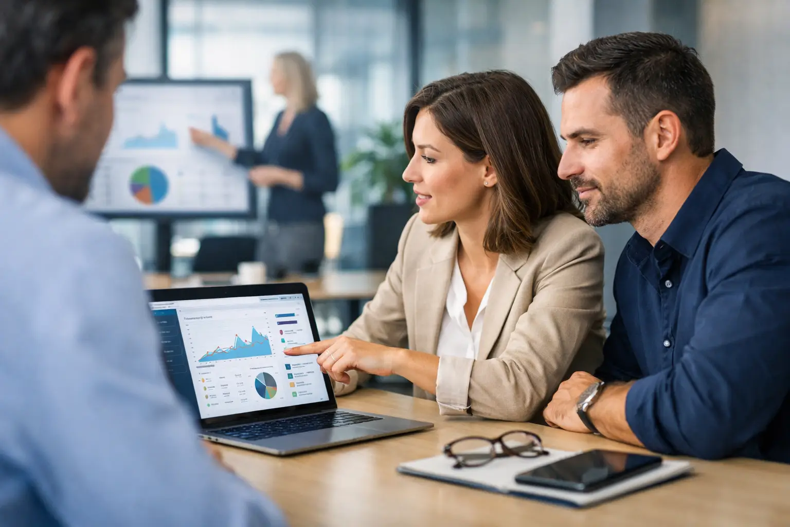 Two colleagues reviewing a ROPA software dashboard on a laptop in a bright office