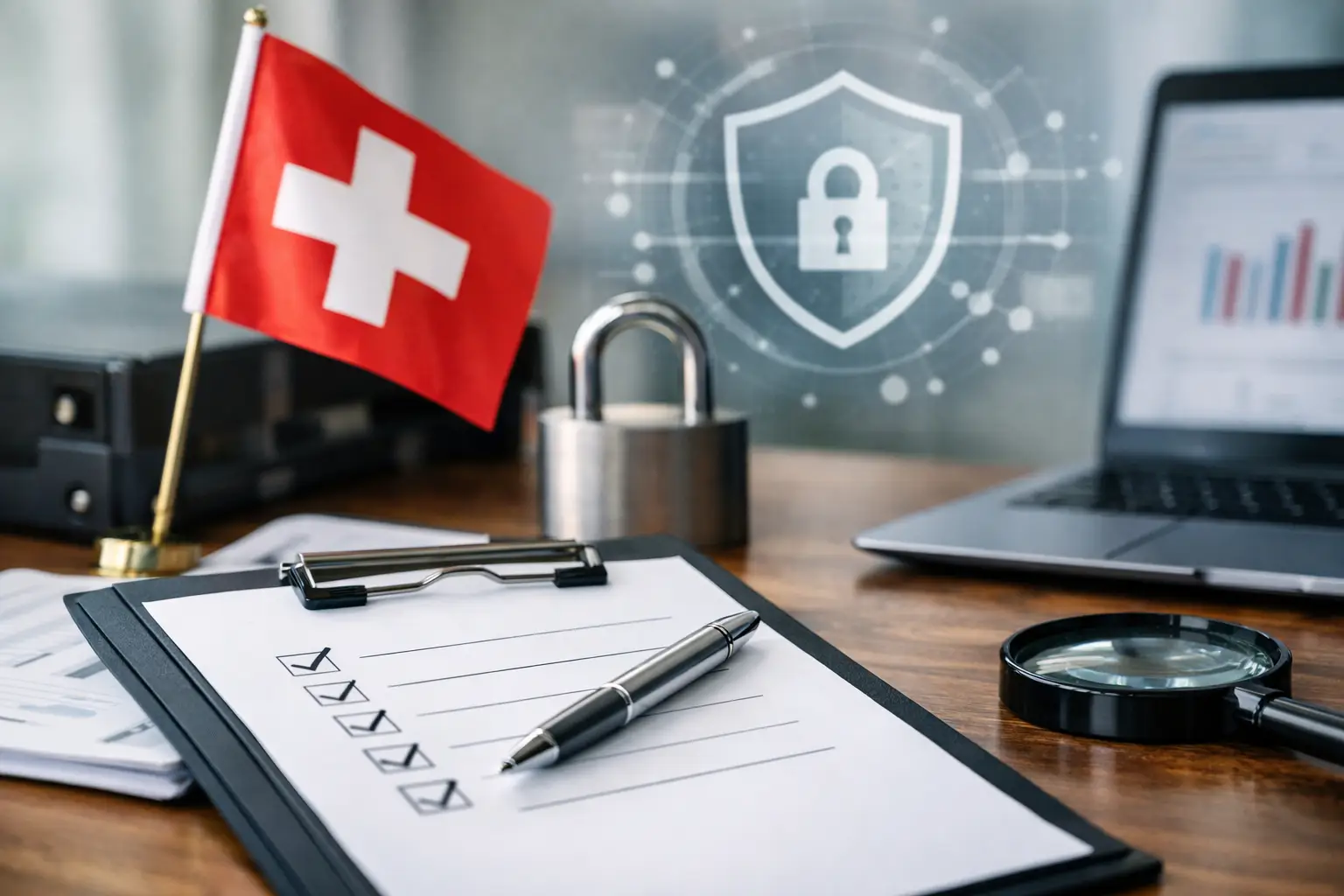 Swiss flag with a compliance checklist, padlock and privacy shield on a desk