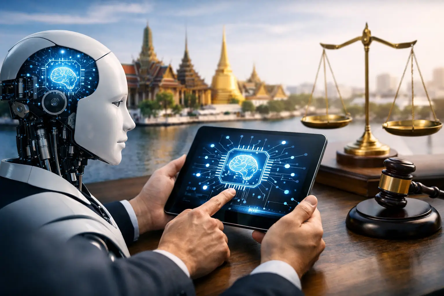 Humanoid robot reviewing AI circuitry on a tablet with Bangkok temples and scales of justice symbolising Thailand AI regulations