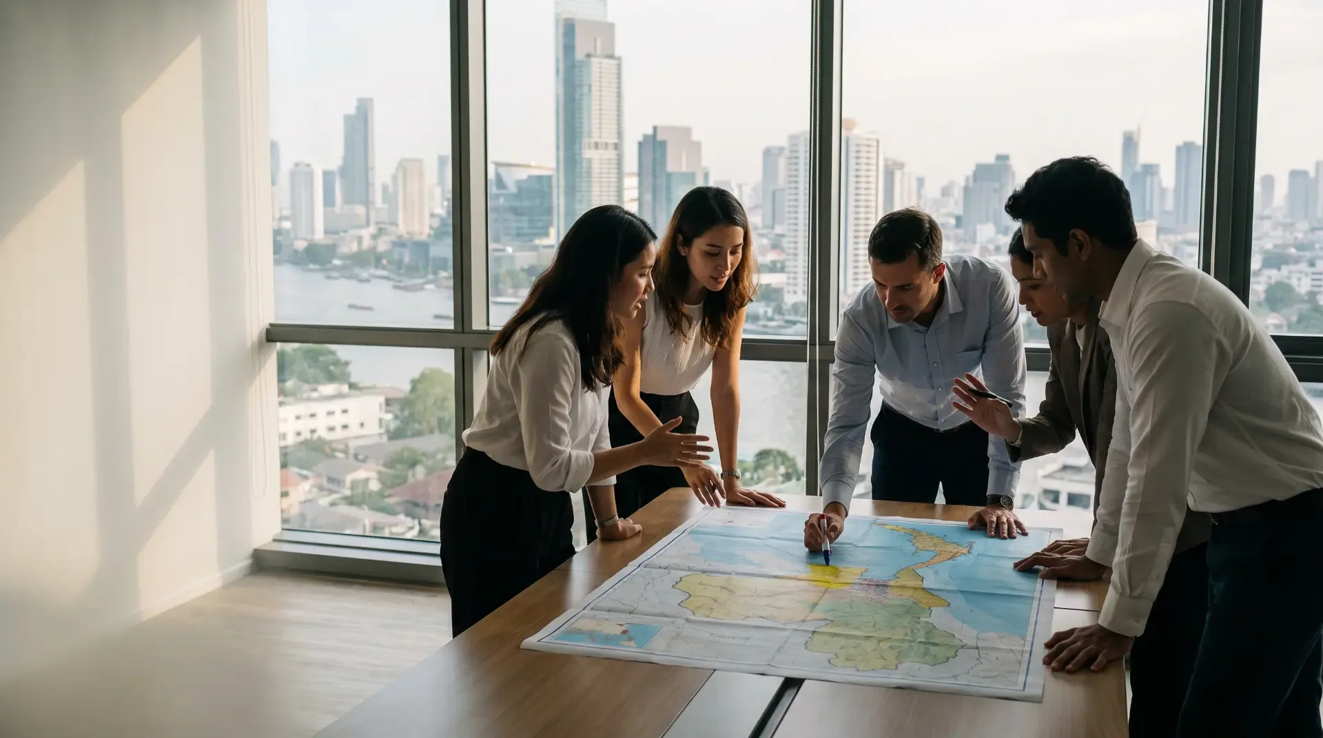 Compliance team reviewing a map of Thailand in a Bangkok office overlooking the city skyline