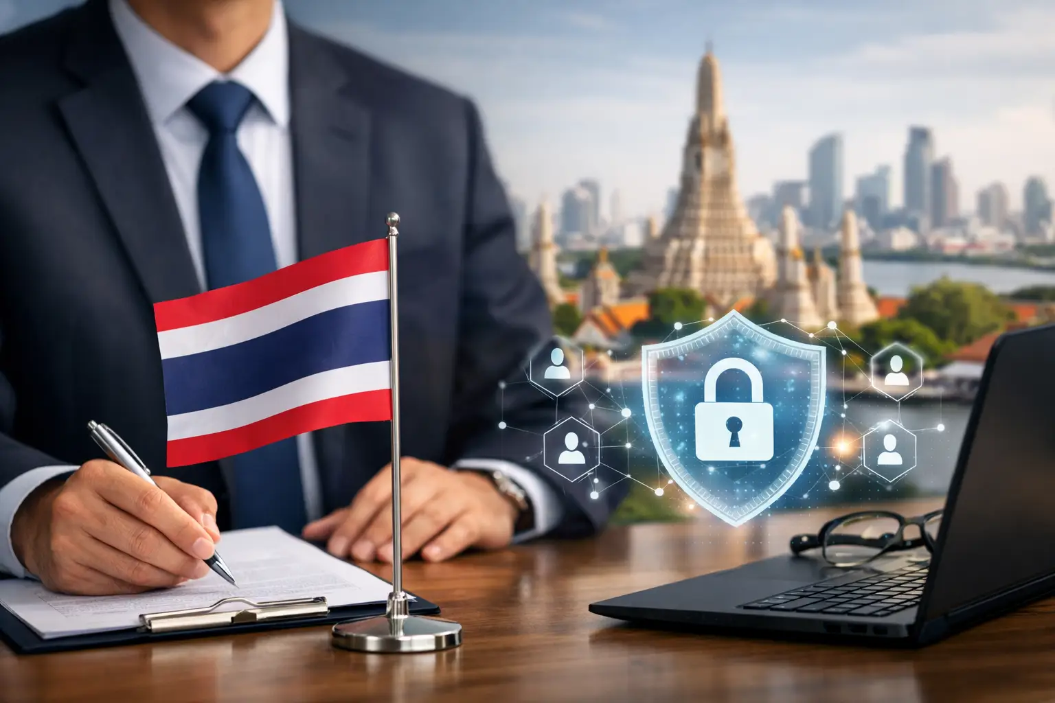Thai flag, Bangkok skyline and privacy shield symbolising Thailand PDPA local representative service