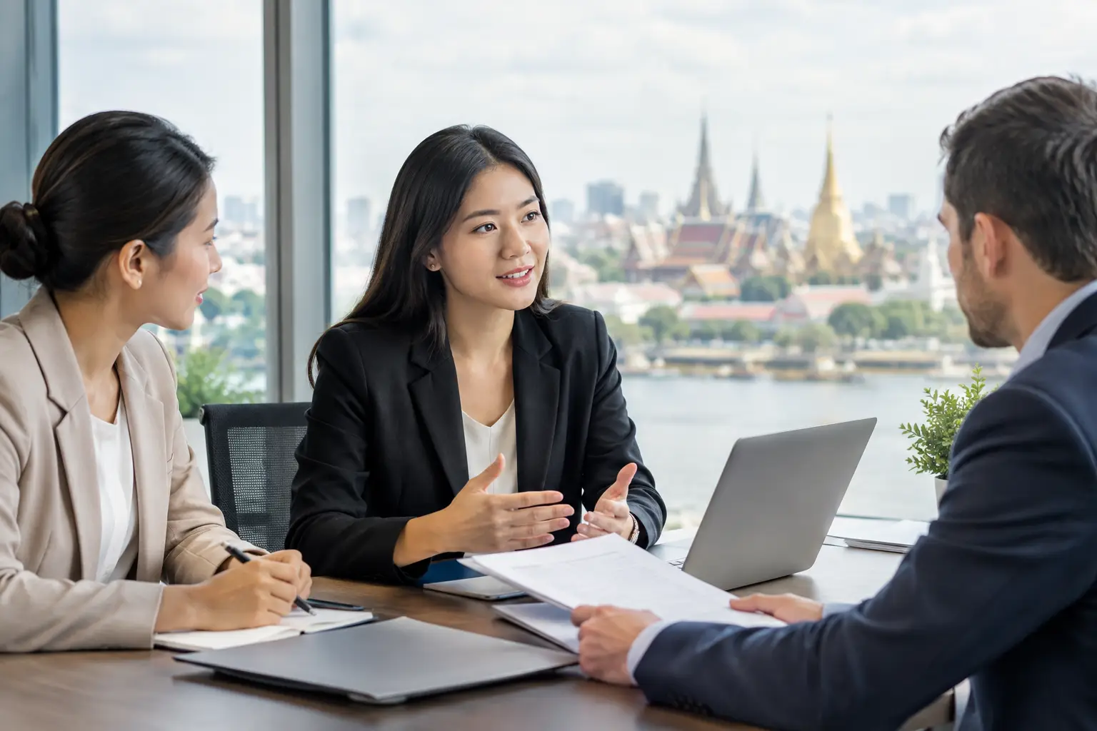 Privacy advisers meeting a client in a Bangkok office with the Grand Palace and Chao Phraya river beyond