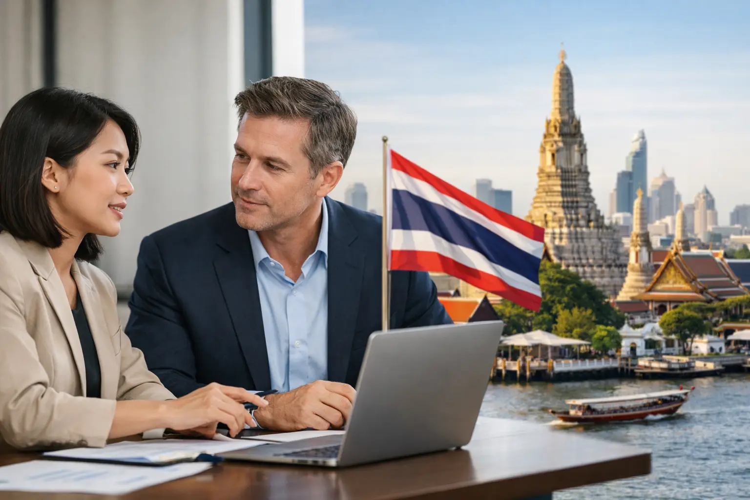Two advisers reviewing PDPA documents with a Thai flag and Bangkok riverside skyline behind