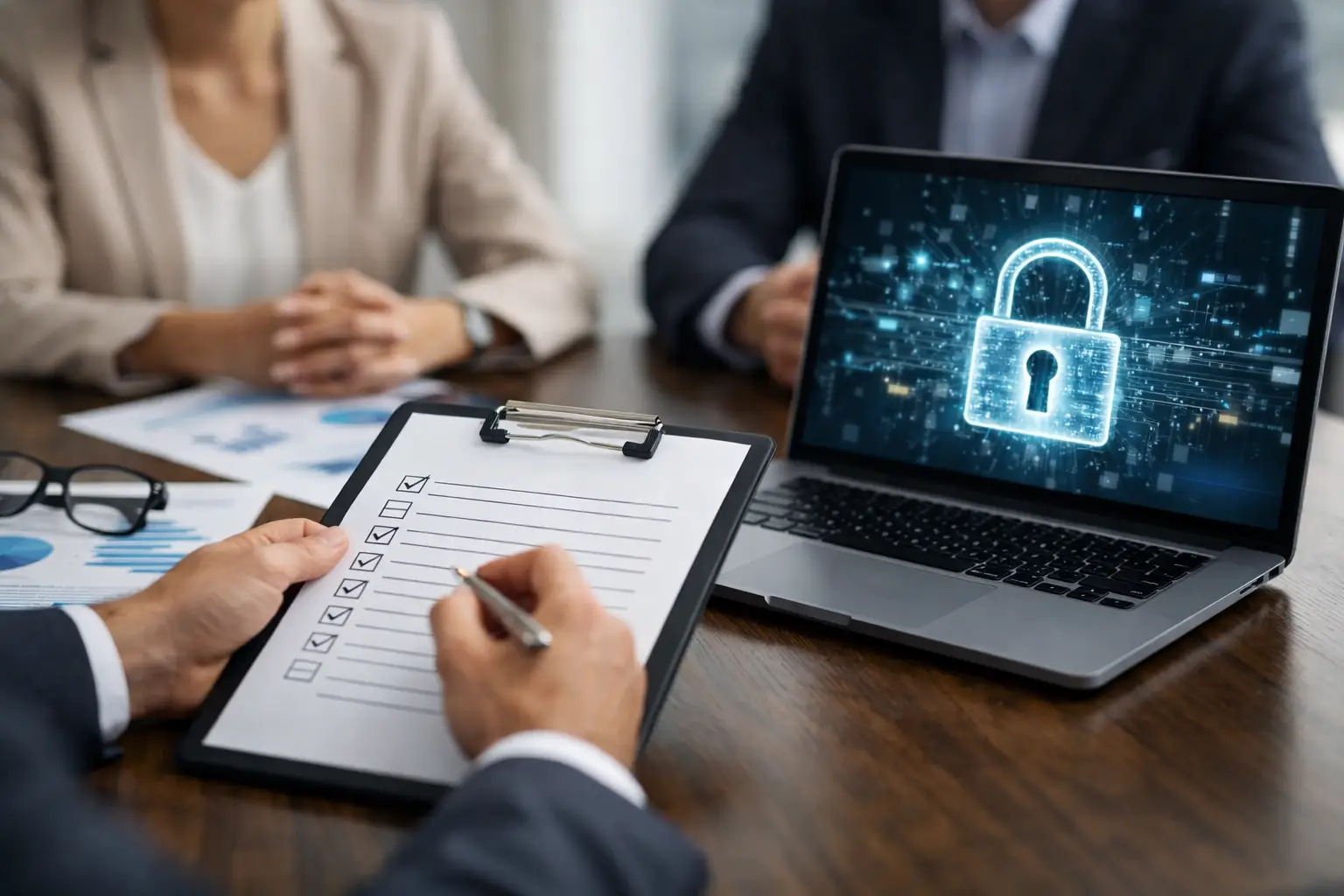 Two advisers reviewing a vendor assessment checklist beside a laptop showing a digital padlock