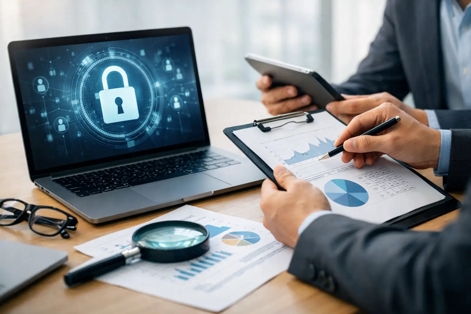 Advisers reviewing vendor privacy audit charts beside a laptop showing a digital padlock