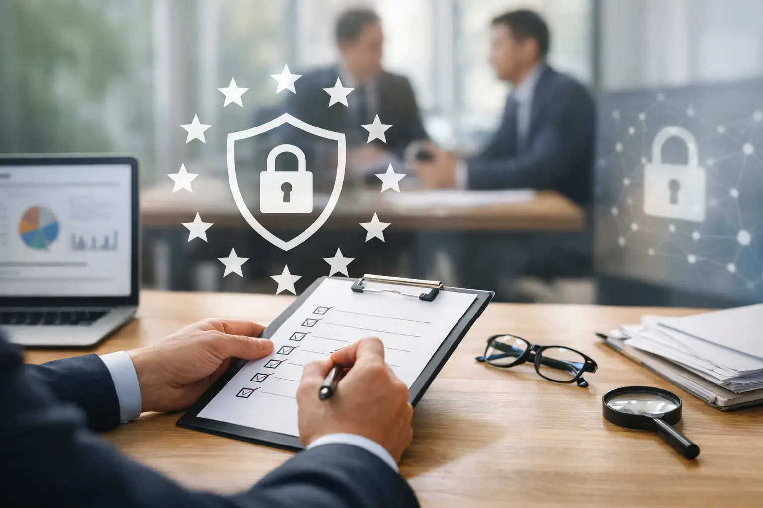 Business reviewing GDPR vendor risk assessment checklist with EU shield and lock icons