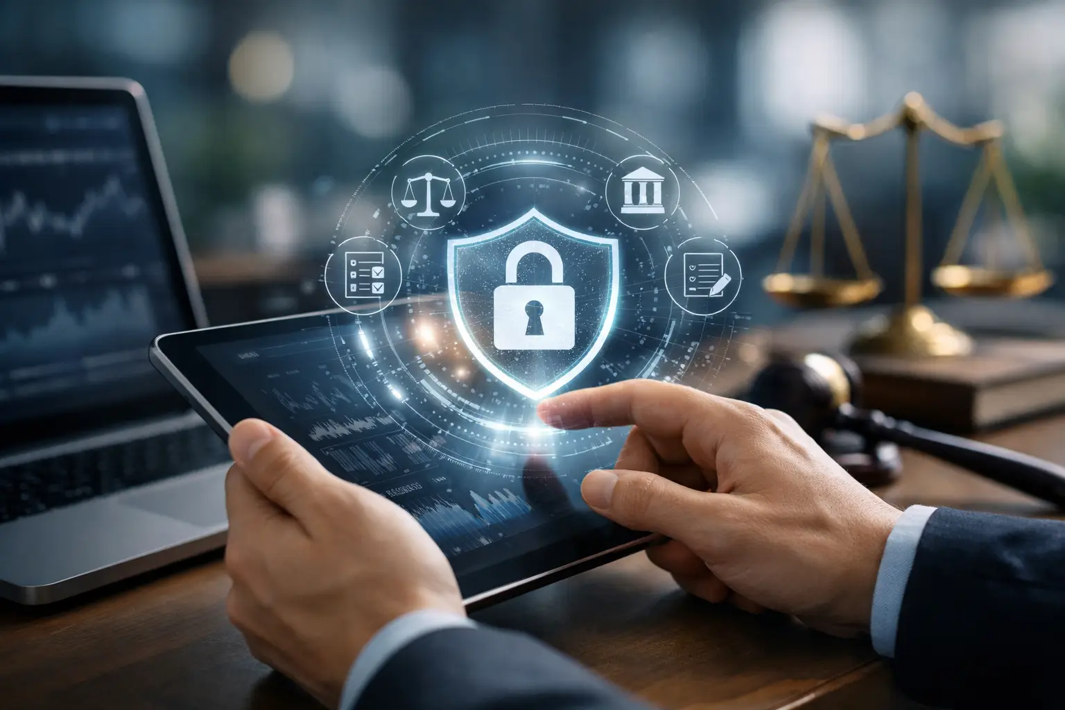 Hand interacting with a holographic shield and padlock above a tablet, representing data privacy compliance