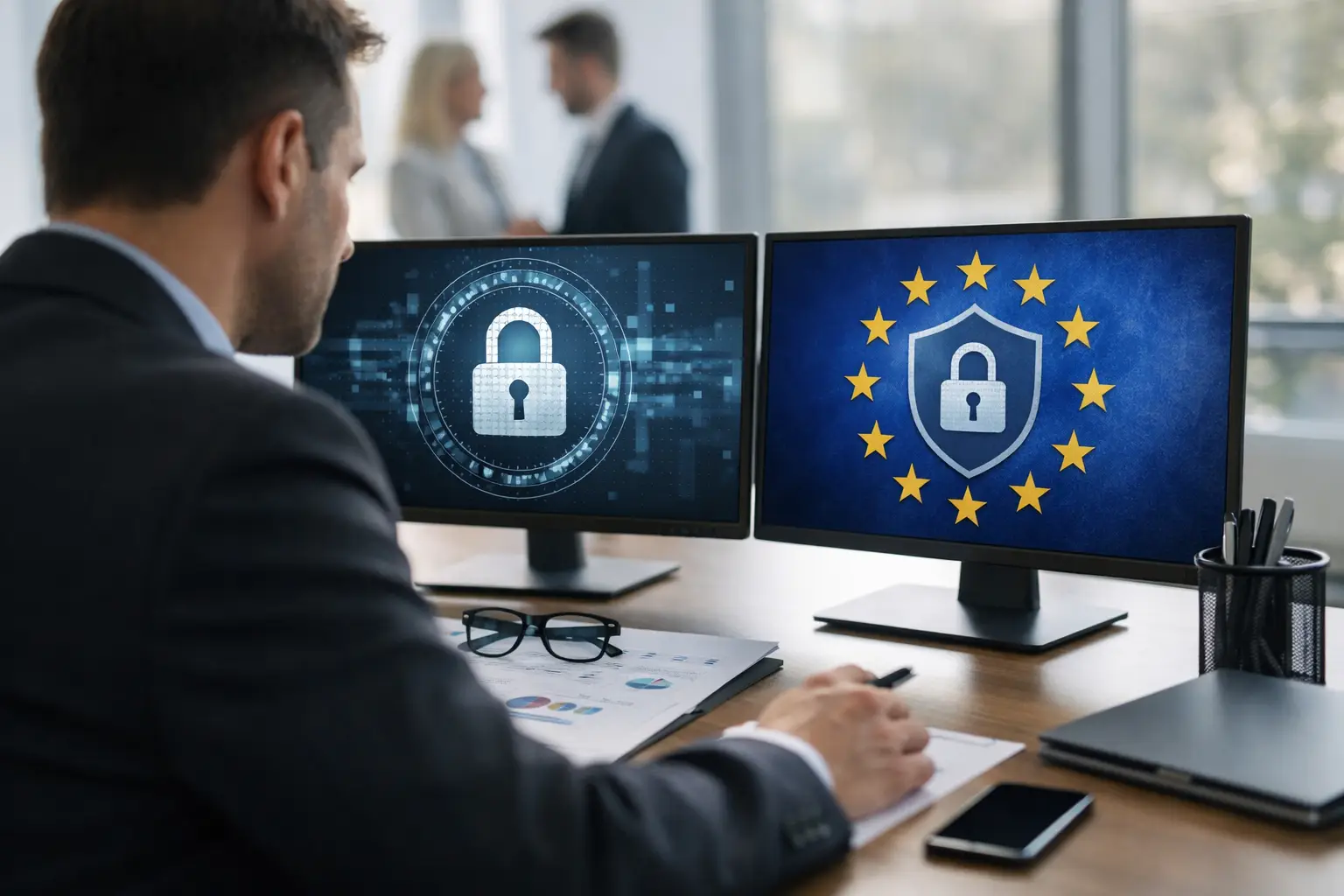 Privacy professional reviewing GDPR requirements on dual monitors with an EU flag and padlock