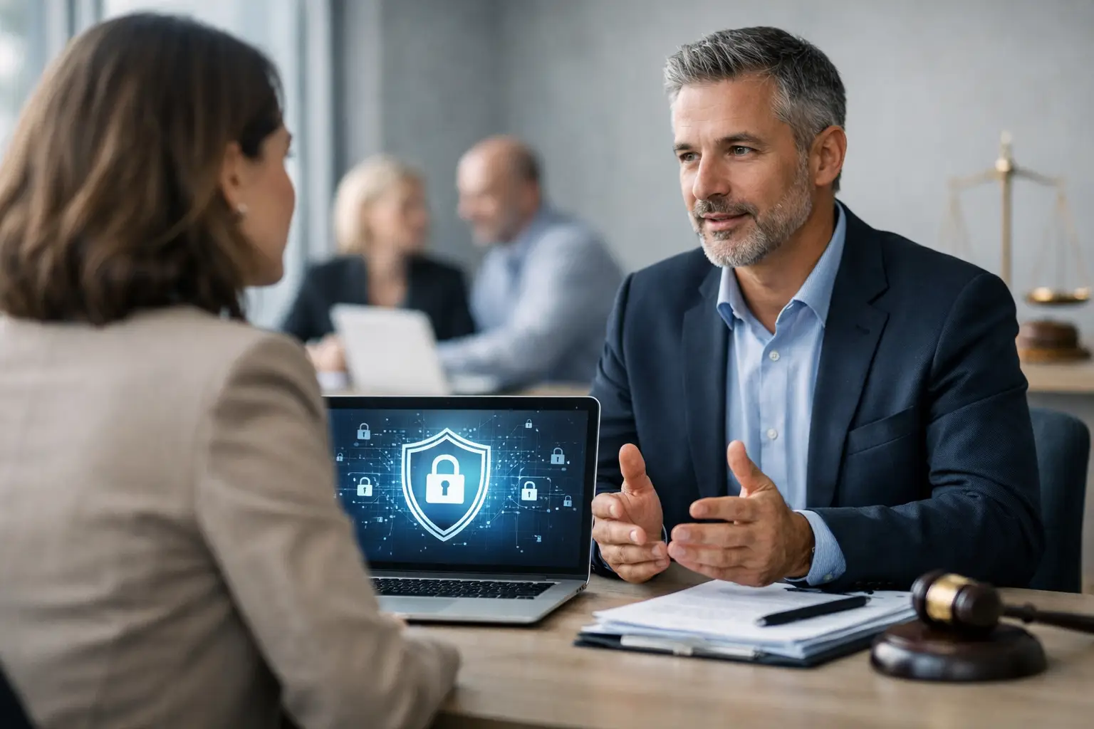 Outsourced data protection officer advising a client across a laptop displaying privacy and security icons in a professional meeting