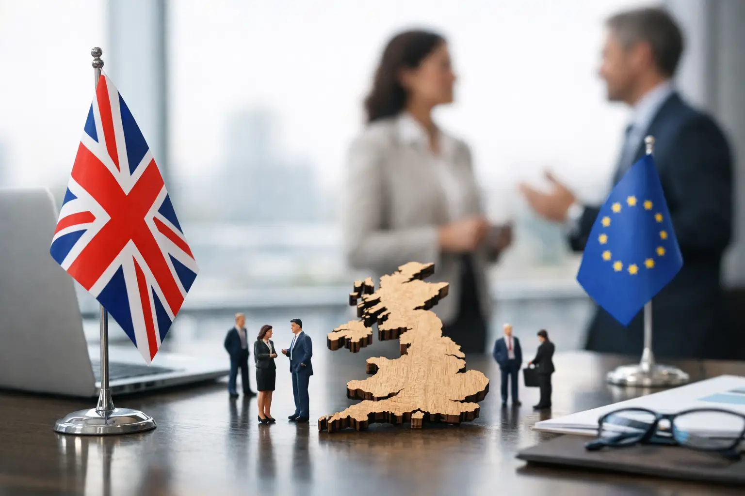 UK and EU flags with a wooden map of the United Kingdom on a boardroom table