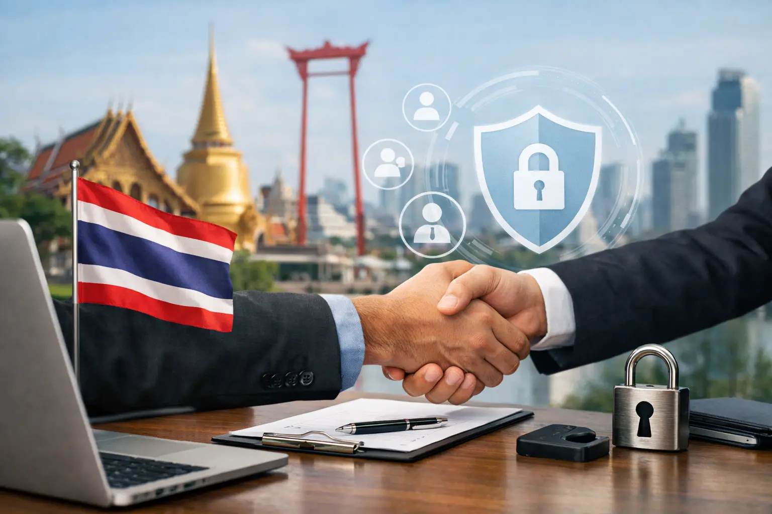 Business handshake with a Thai flag, Bangkok skyline and a digital privacy shield