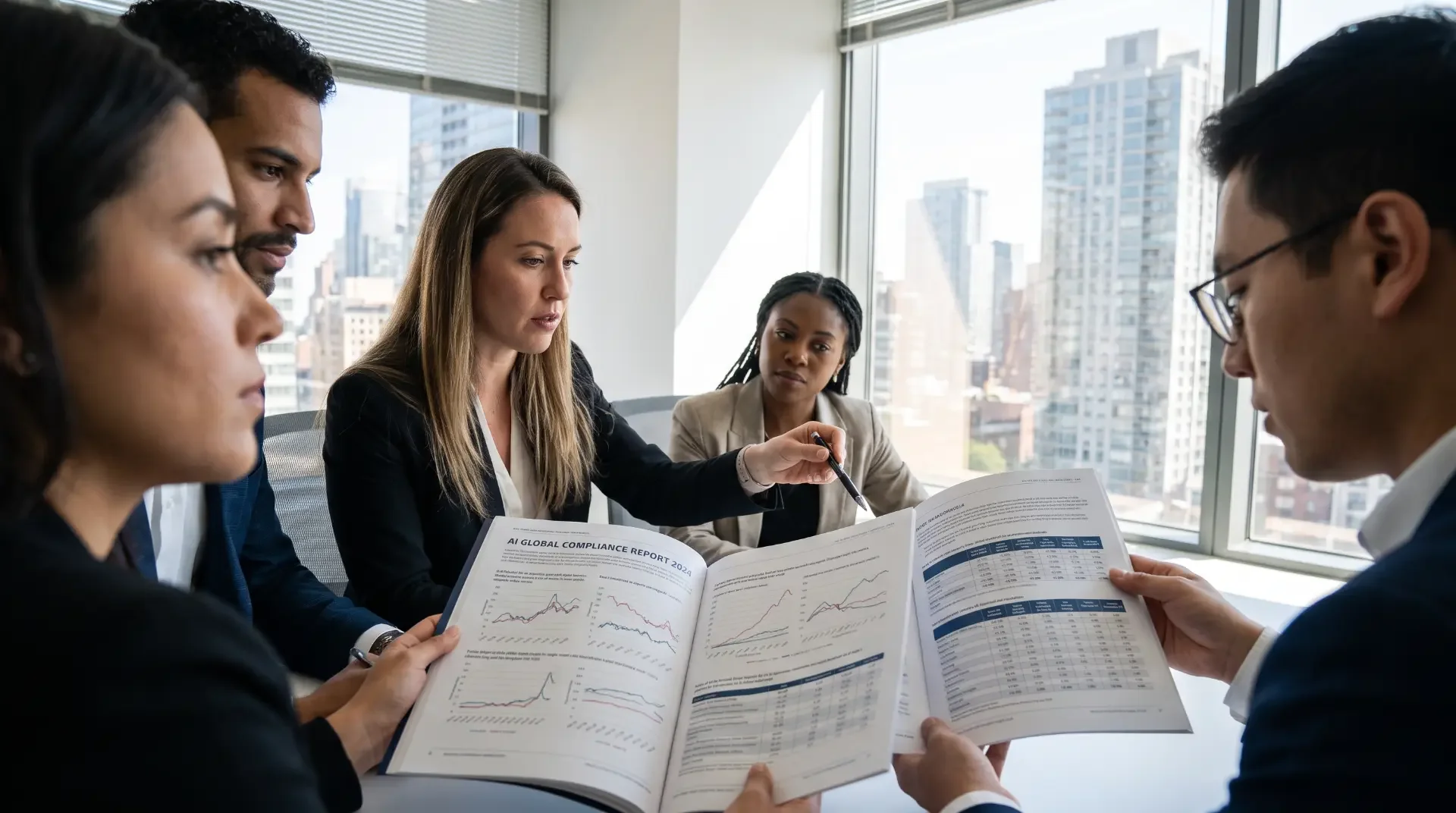 Recruitment leadership team reviewing an AI global compliance report in a city office