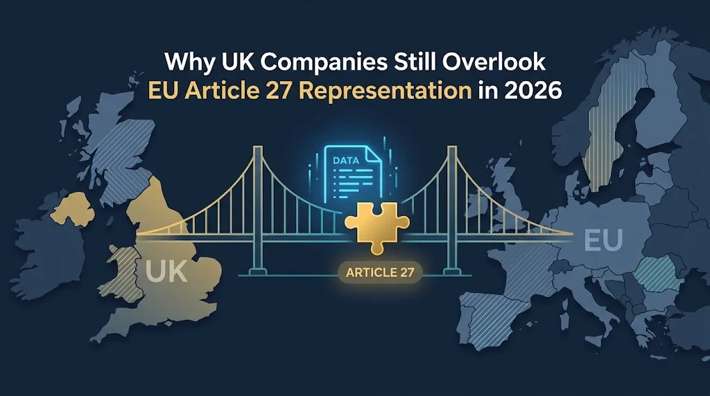 Bridge labelled Article 27 linking a map of the UK to the EU, illustrating EU representation for UK companies