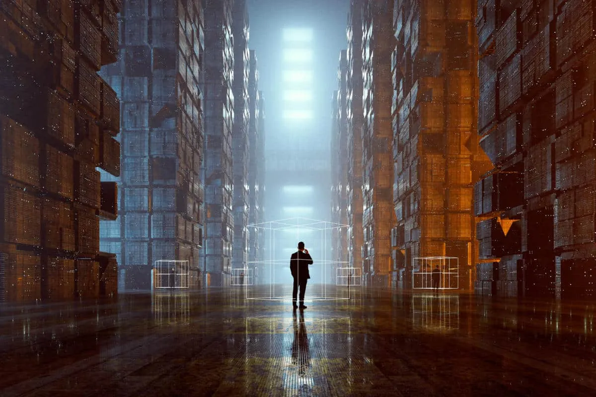 man standing in data warehouse making a call
