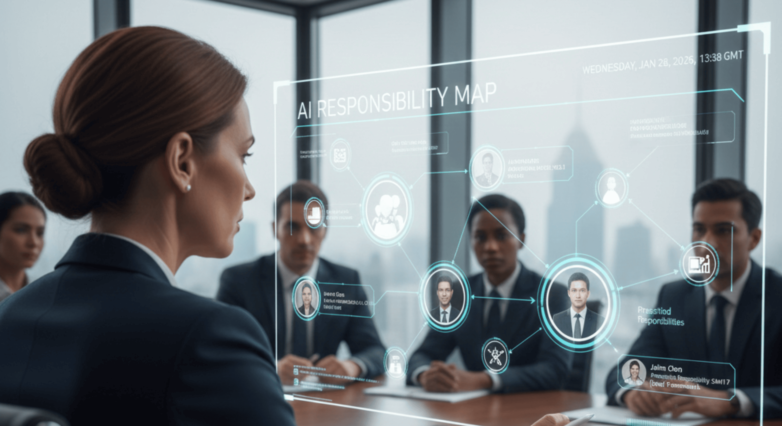 A female executive in a modern boardroom viewing a digital "AI Responsibility Map" holographic interface that displays an organizational chart of personnel and their associated regulatory responsibilities.