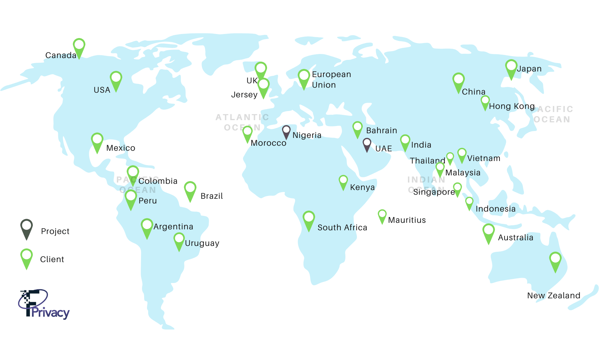 Blue World Map with location markers showing clients and project locations of Formiti Clients  and project partners