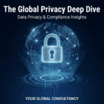 Podcast cover art for The Global Privacy Deep Dive featuring a digital globe and padlock symbol representing global data security.