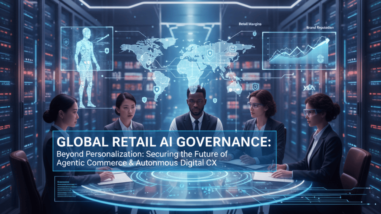 A diverse professional team sits around a glowing circular table in a high-tech server room. A holographic world map and data charts float above the table. Text on the screen reads: "GLOBAL RETAIL AI GOVERNANCE: Beyond Personalization: Securing the Future of Agentic Commerce & Autonomous Digital CX."